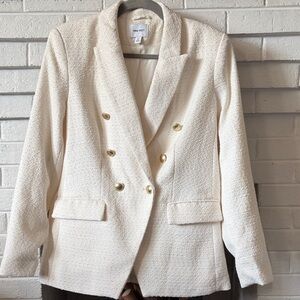 Nine West Cream Bouclé Double-Breasted Blazer with Gold Buttons